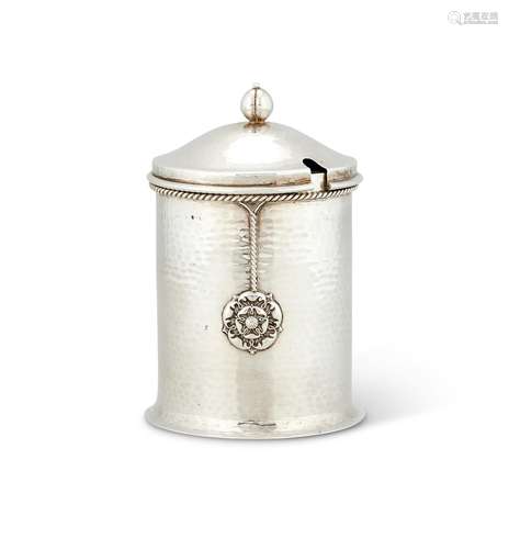 AN ARTS AND CRAFTS HAMMERED SILVER PRESERVE JAR AND COVER BY...