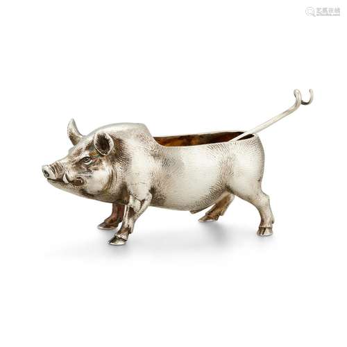 A VICTORIAN CAST SILVER NOVELTY BOAR SALT CELLAR BY JAMES BA...