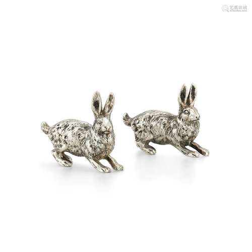 TWO EDWARDIAN SMALL SILVER MODELS OF ALERT HARES BY NATHAN &...