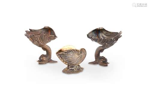 A PAIR OF SILVER GILT SHELL PEDESTAL SALT CELLARS BY RICHARD...