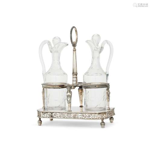 A FRENCH SILVER TWO BOTTLE OIL AND VINEGAR STAND BY ABEL-ETI...