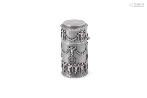 A FRENCH SILVER CYLINDRICAL TOILET BOX, MAKER'S MARK IL...