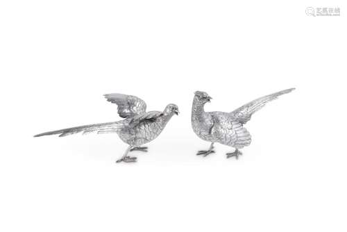 A PAIR OF CONTINENTAL SILVER COLOURED PHEASANT TABLE ORNAMEN...