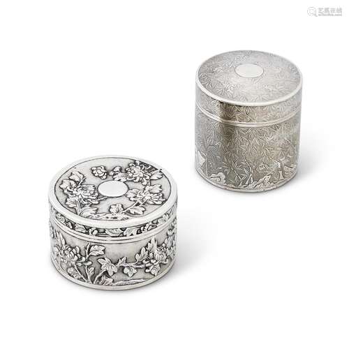 TWO CHINESE EXPORT SILVER CYLINDRICAL BOXES BY WANG HING &am...