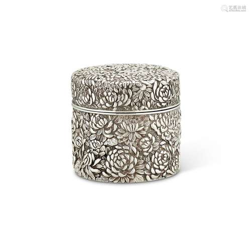 A JAPANESE SILVER CYLINDRICAL BOX AND COVER BY KONOIKE