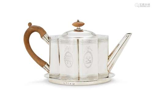 A GEORGE III SILVER SHAPED OVAL TEA POT AND SILVER MOUNTED S...