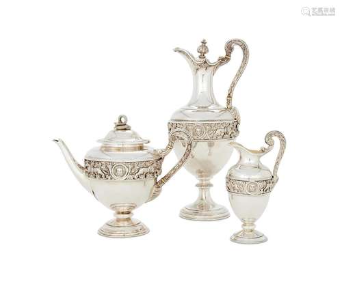 Y A VICTORIAN SILVER OVOID PEDESTAL TEA AND COFFEE SERVICE B...