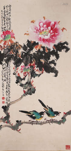 A Chinese Bird and Flower Painting Paper Scroll, Zhao Shaoan...