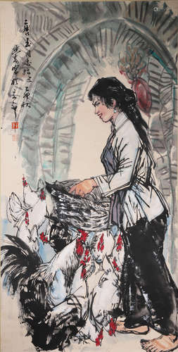 A Chinese Figure Painting Paper Scroll, Huang Zhou Mark