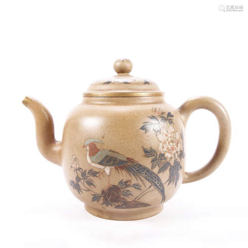 A Zisha Tea Pot with Flower and Bird Pattern