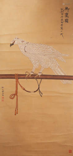 A Chinese Eagle Painting Paper Scroll, Jin Cheng Mark