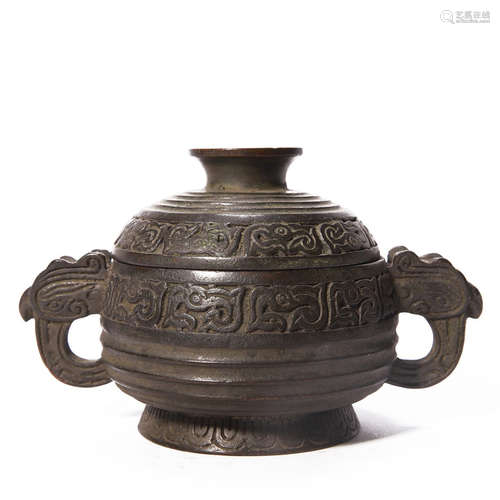 A Bronze Kuilong Gui-Style Censer and Cover