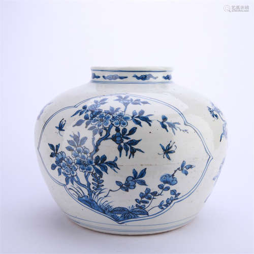 A Blue and White Flower and Figure Jar