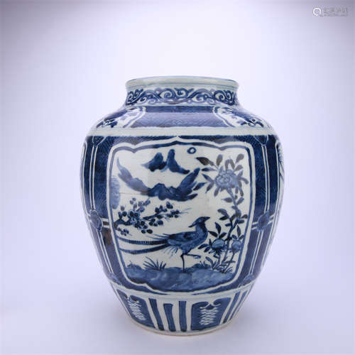 A Blue and White Flower and Bird Jar