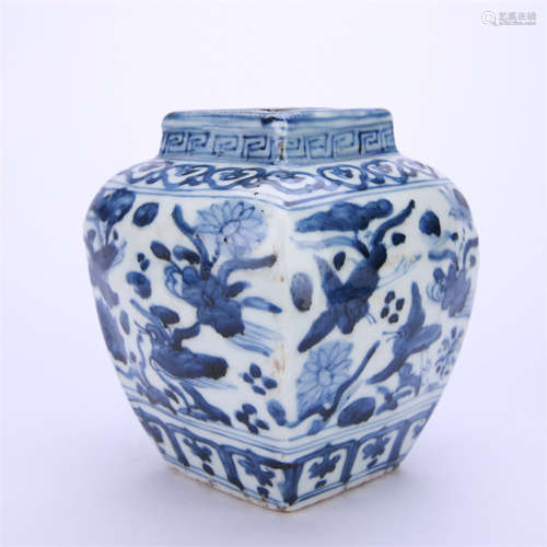 A Blue and White Lotus Pond Square Jar