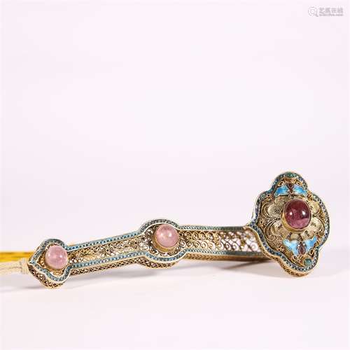 A Tourmaline Inlaid Cloisonne Enamel Ruyi Sceptre