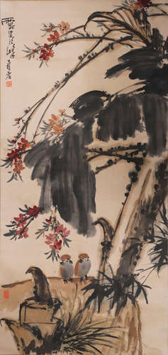 A Chinese Bird and Flower Painting Paper Scroll, Pan Tiansho...