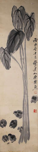 A Chinese Flower and Bird Painting Paper Scroll, Qi Baishi M...