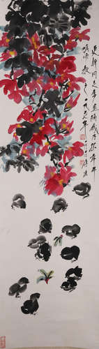 A Chinese Bird and Flower Painting Paper Scroll, Tang Yun Ma...