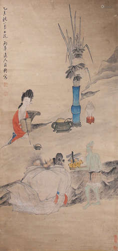 A Chinese Figure Painting Paper Scroll, Luo Pin Mark