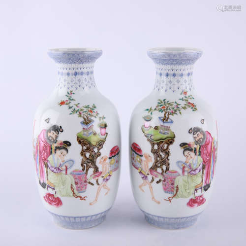 A Pair of Falangcai Glaze Figure Story Vases