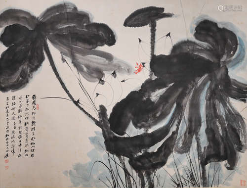 A Chinese Lotus Painting Paper Scroll, Zhang Daqian Mark