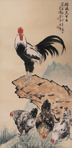 A Chinese Roosters and Stone Painting Paper Scroll, Xu Beiho...