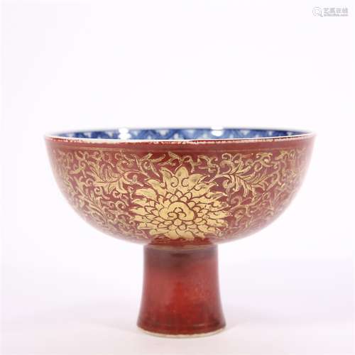 A Coral-Red Glaze and Gilt Decorated Stem Bowl