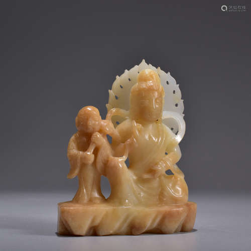 A Carved Hetian Jade Guanyin and Boy Ornament