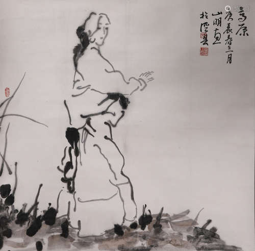 A Chinese Figure Painting Paper Scroll, Wu Shanming Mark