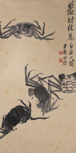 A Chinese Crab Painting Paper Scroll, Qi Baishi Mark