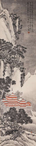 A Chinese Landscape Painting Paper Scroll, Pu Ru Mark