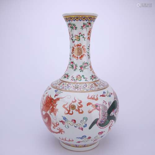 A Famille Rose Phoenix and Dragon Bottle Vase