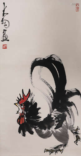 A Chinese Rooster Painting Paper Scroll, Chen Dayu Mark