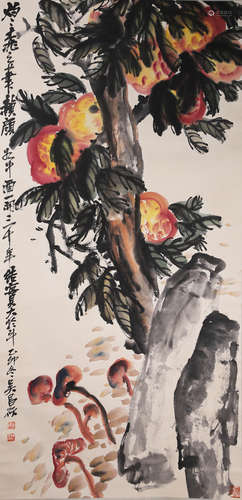 A Chinese Loquat Painting Paper Scroll, Wu Changshuo Mark