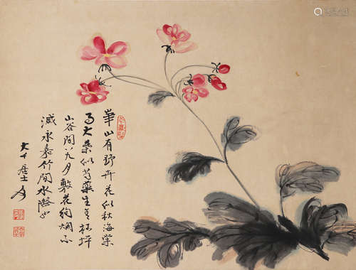 A Chinese Flower Painting Paper Scroll, Zhang Daqian Mark