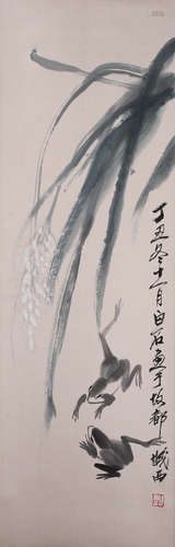 A Chinese Flower and Bird Painting Paper Scroll, Qi Baishi M...