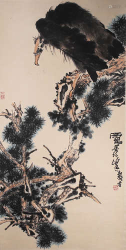 A Chinese Eagle Painting Paper Scroll, Pan Tianshou Mark