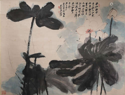 A Chinese Lotus Painting Paper Scroll, Zhang Daqian Mark