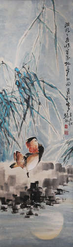 A Chinese Bird Painting Paper Scroll, Gao Jianfu Mark