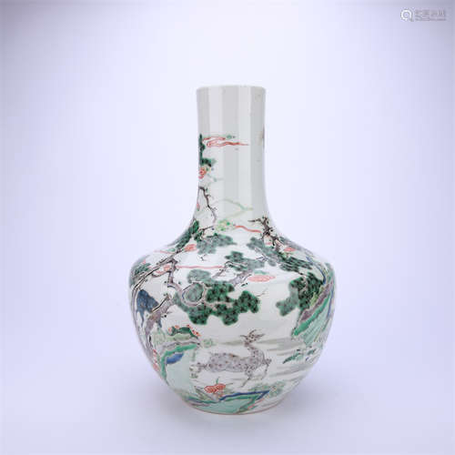 A Wucai Deer and Crane Bottle Vase