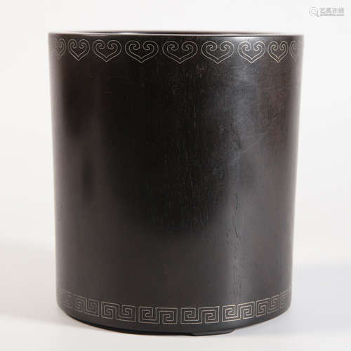 A Silver Inlaying Sandalwood Ruyi-Head Brush Pot