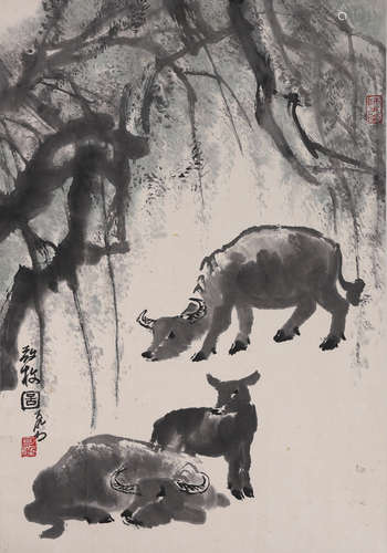 A Chinese Bull Painting Paper Scroll, Li Keran Mark