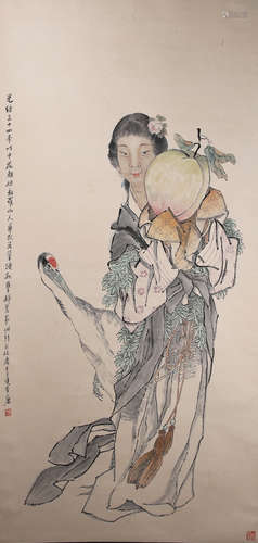 A Chinese Figure Painting Paper Scroll, Qian Huian Mark