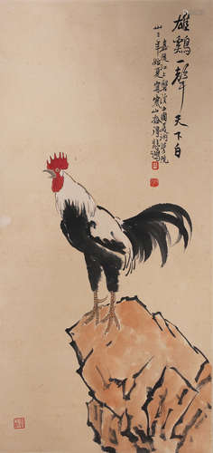 A Chinese Rooster Painting Paper Scroll, Xu Beihong Mark