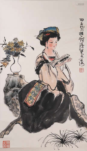 A Chinese Figure Painting Paper Scroll, Cheng Shifa Mark