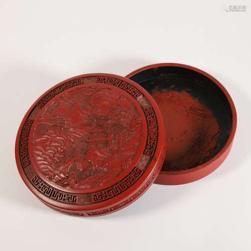 A Carved Cinnabar Lacquer Landscape Ink Box and Cover