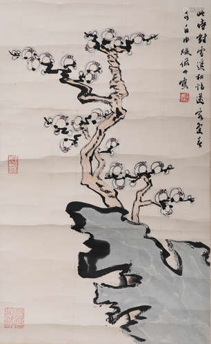 A Chinese Flower Painting Paper Scroll, Lu Yanshao Mark