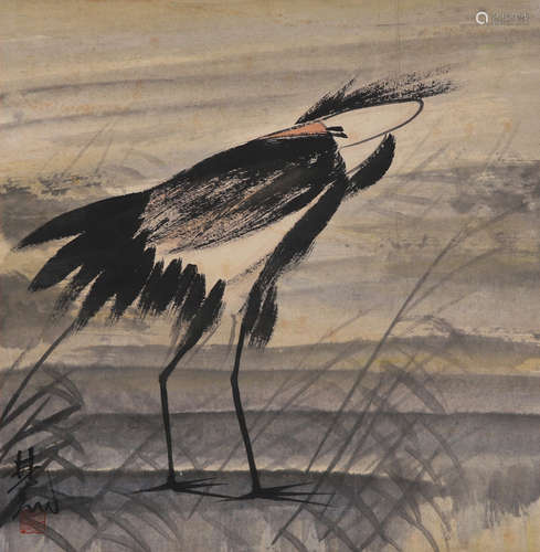 A Chinese Bird Painting Paper Scroll, Lin Fengmian Mark