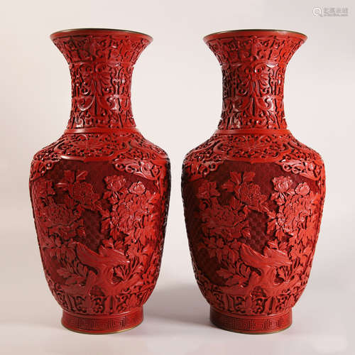 A Pair of Carved Cinnabar Lacquer Floral Vases